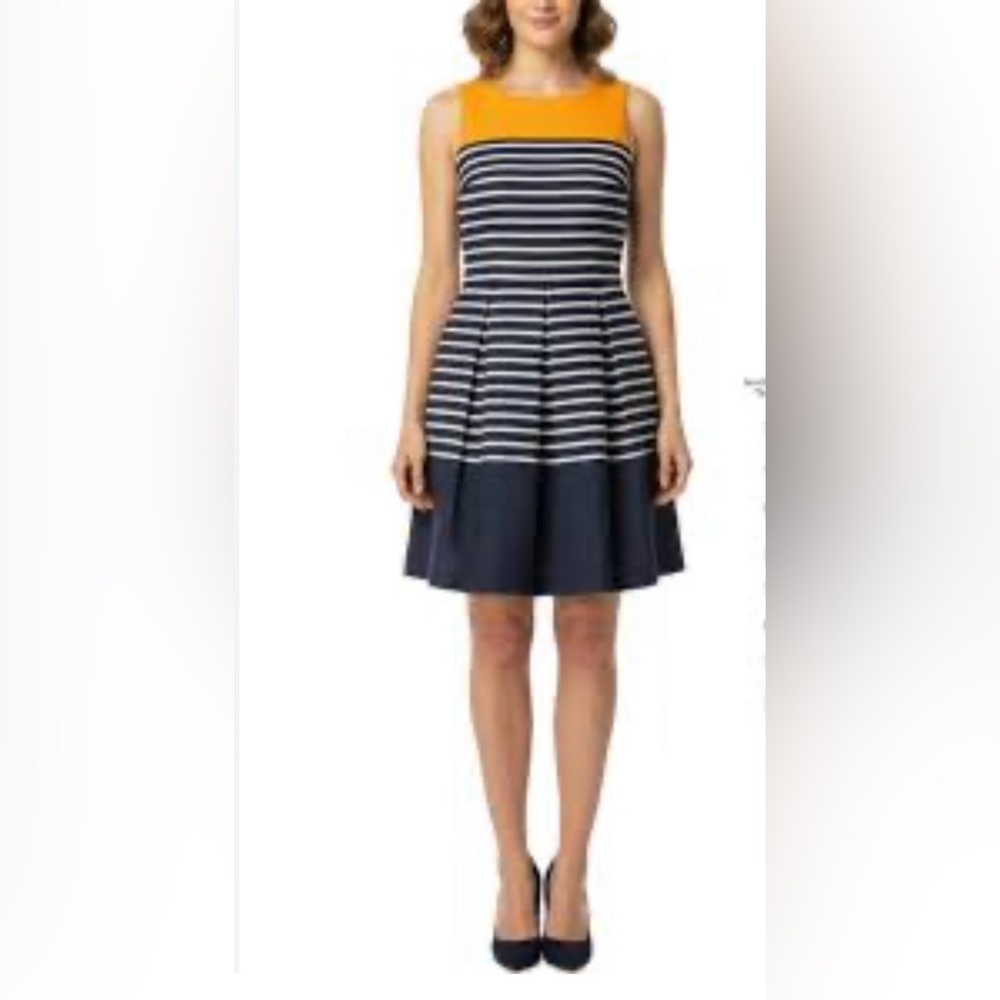 Just Taylor dress Orange and Navy Striped Midi‎ Dress